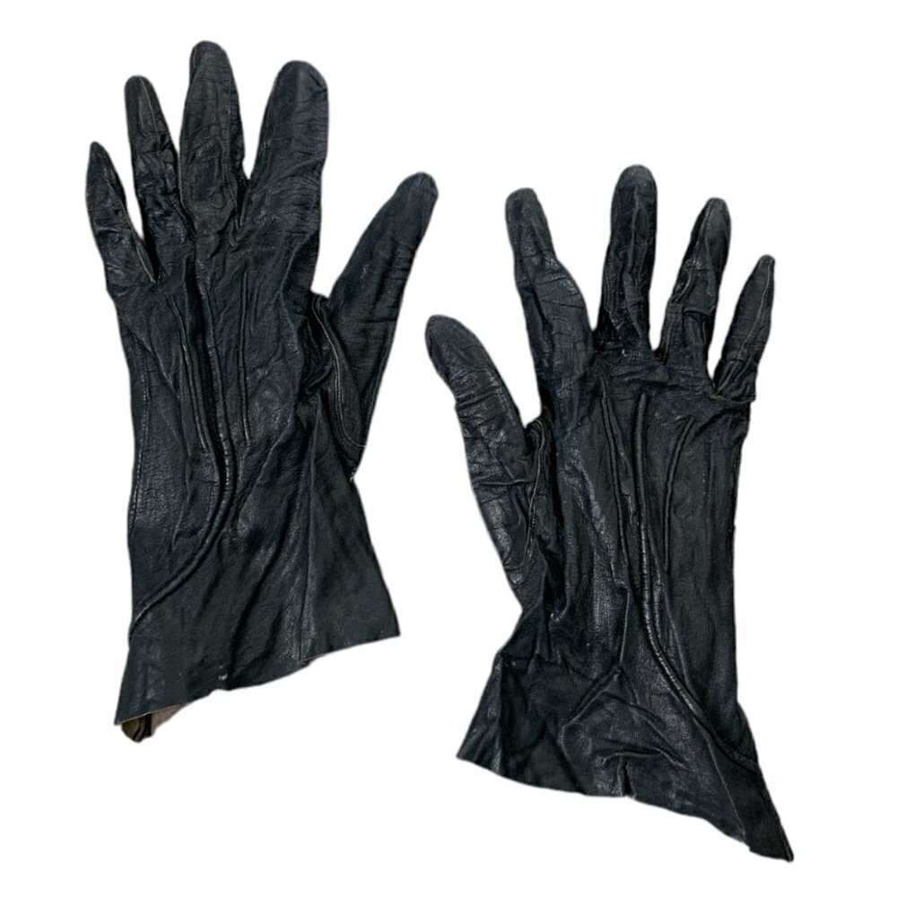 Vintage Ladies Black Leather Gloves‎ 1940s 1950s XS Delicate Unlined  #92N